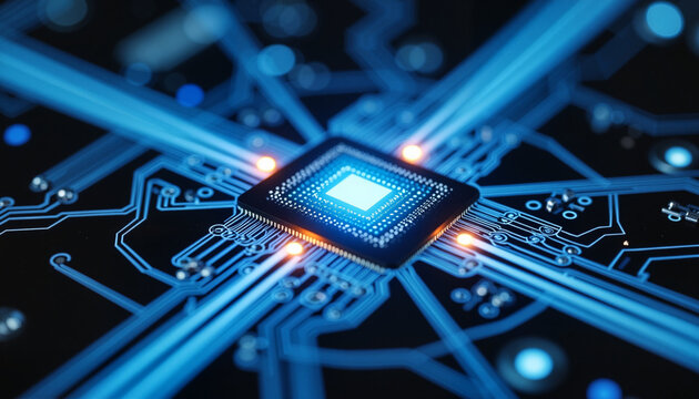 Magnified photonic integrated circuit glowing with blue light, technology