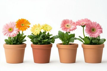 Four potted plants of different colors and sizes are arranged in a row