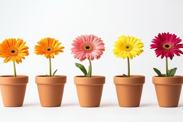 Fototapeta premium Row of five potted flowers, each in a different color, are arranged in a row