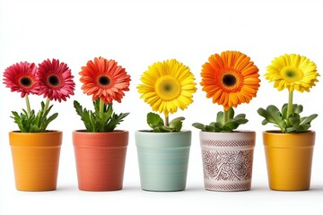 Fototapeta premium Row of five potted flowers in different colors