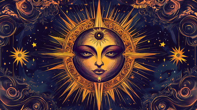 Radiant tarot card design featuring symbolic elements like stars and celestial motifs. Symbolic Motifs. Illustration