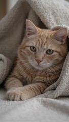 Adorable cat peeking out from under cozy blanket