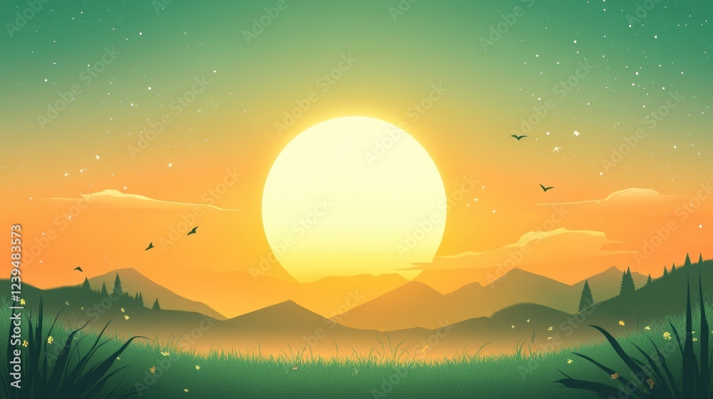 Poster sunrise over mountains with colorful sky and birds flying in tranquil landscape. generative ai