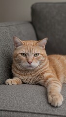 Naklejka premium Relaxed cat lounging on a cozy couch