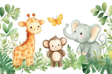 Fototapeta premium Cute animals gather in a lush green jungle during a sunny day
