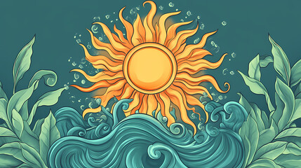 Symbol of a sun, water and vegetation, representing nature and environmental themes. Symbolic Motifs. Illustration