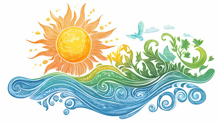 Symbol of a sun, water and vegetation, representing nature and environmental themes. Symbolic Motifs. Illustration