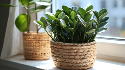 Scandinavian Serenity: Zamioculcas in a Straw Pot on the Windowsill

