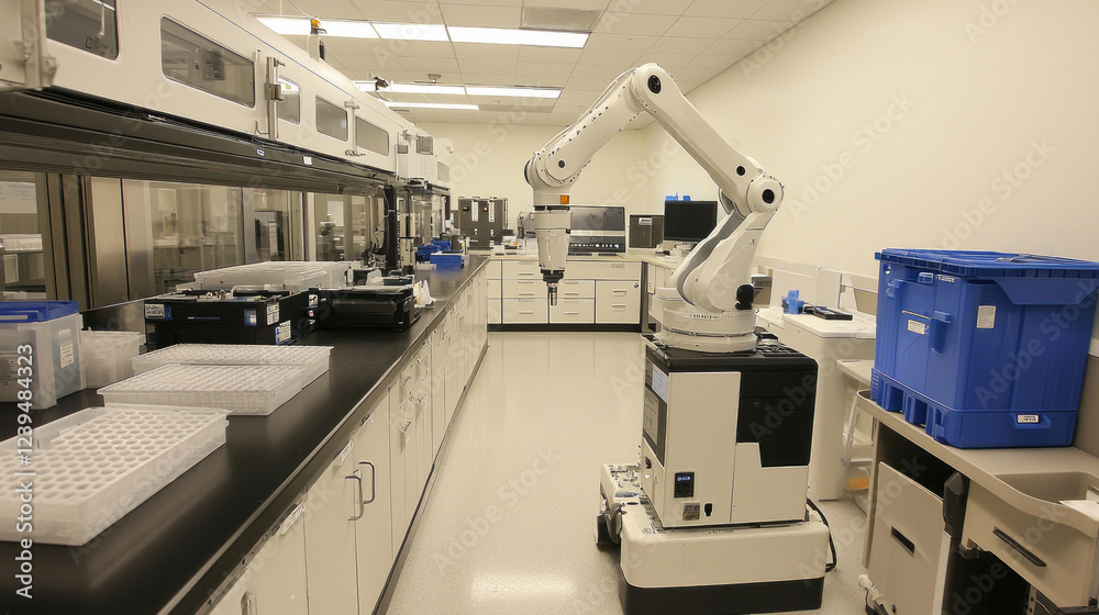 Aufkleber Robotic technology operates seamlessly in a futuristic laboratory, performing automated inspections on samples with precision. The sterile setting enhances efficiency and accuracy