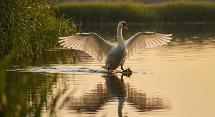 Majestic Swan Taking Flight at Golden Hour