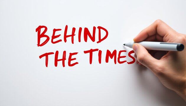A hand scribbling 'behind the times' on a white surface with a red marker