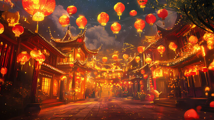 Fototapeta premium Vibrant chinese new year celebration glowing gold accents symbolic zodiac motifs and festive red lanterns creating a joyous and harmonious atmosphere. Symbolic Motifs. Illustration