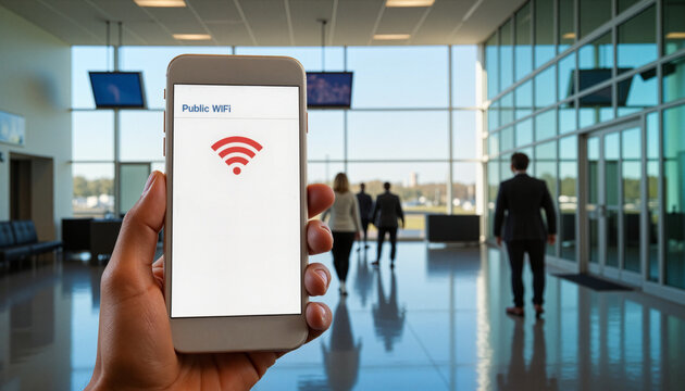 Hand holding smartphone displaying Public Wi-Fi selection in blurred airport terminal