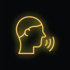 Neon sign showing a head speaking with sound waves, on a black background
