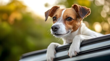 Dog left in car on a sunny day, the dangers of animals overheating with copy space