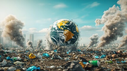 Earth Overshoot Day Illustration: Globe Surrounded by Trash and Smoke - Impactful Environmental Design Concept