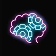 Neon icon representing the concept of brain gears, symbolizing teamwork and collaboration in the thinking process