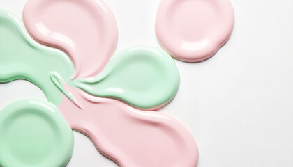 Abstract pastel nail polish swirls on glossy white surface, playful art