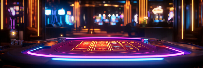 Neon baccarat table lit up with colorful lights on a shadowy casino floor. 