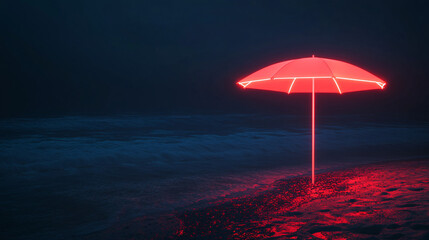 Neon beach umbrella glowing against a pitch-black shoreline. 