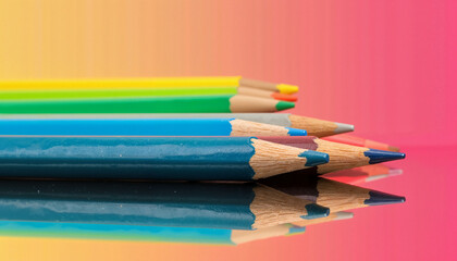 Colorful pencils reflecting on mirrored surface, creativity concept