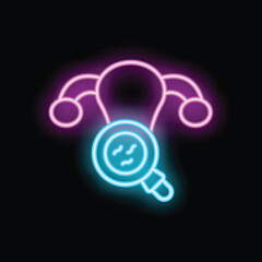 Neon icon of magnifying glass inspecting a jester's hat, symbolizing the investigation of humor, hidden truths, or the search for joy