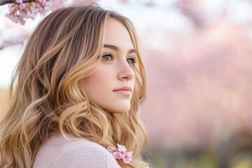 Woman with long blonde hair is standing in front of a tree with pink flowers