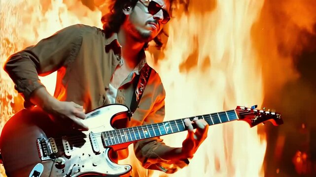 Musician Performs Passionately Amidst Flames in an Intense Outdoor Setting During Sunset