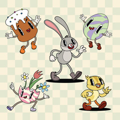 Groovy retro Easter cartoon characters set. Easter bunny, egg, chick and glazed kulich on light green check background. Vector illustrations.
