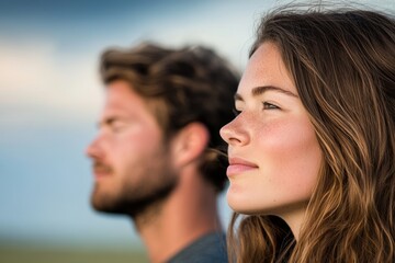 Fototapeta premium Man and a woman are sitting next to each other, looking at the sky