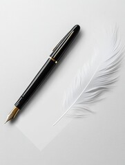 Elegant black pen and white feather resting on a smooth surface for creative writing at a serene workspace. Generative AI