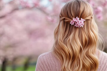 Naklejka premium Woman with long blonde hair wearing a pink sweater and a flower in her hair