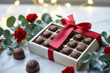 A chocolate box with truffles, bouquet of red roses on a marble surface, St Valentines day, romantic present