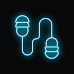 Neon earplugs icon glowing on dark background representing hearing protection and noise reduction
