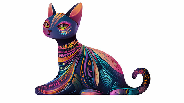 Cat figurine statue isolated on a white background with decorative art elements and symbolic animal themes. Symbolic Motifs. Illustration