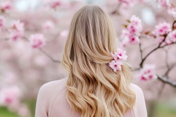 Naklejka premium Woman with long blonde hair is standing in front of a tree with pink flowers