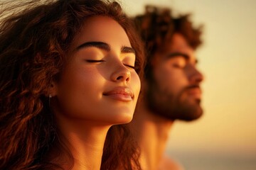 Obraz premium Woman and a man are sitting together on a beach, both looking at the ocean