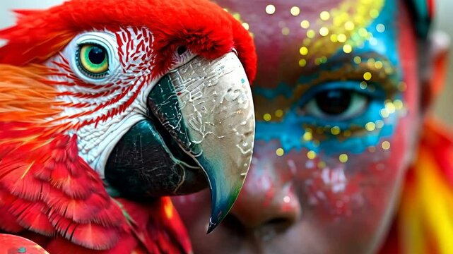 Vibrant contrast of red macaw and colorful face paint on person. Striking imagery for carnival, wildlife, and cultural events. Exotic bird and festive makeup blend in unique visual.