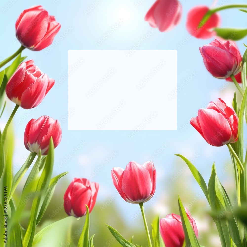 Poster colorful tulips bloom under a bright sky creating a vibrant floral frame for springtime. generative 