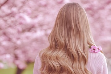 Woman with long brown hair is standing in front of a tree with pink flowers