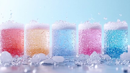 Colorful fizzy drinks in glasses with ice