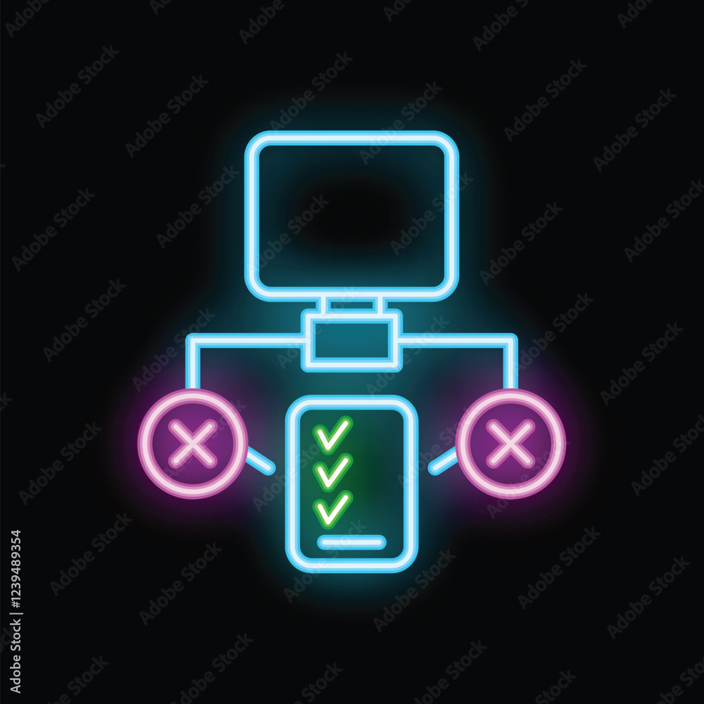 Poster neon icon representing data distribution, featuring a computer as the source and devices receiving d