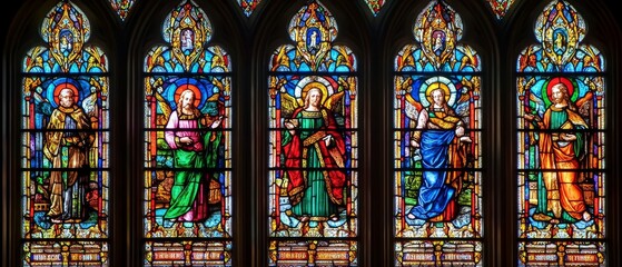 Magnificent stained glass windows in a church, showcasing colorful depictions of biblical figures with intricate details and ornate designs, symbolizing religious art and spirituality