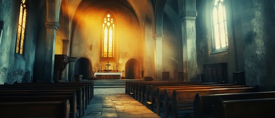 Interior of a Gothic church with sunlight streaming through stained glass windows, illuminating empty wooden pews and a distant altar, creating an atmosphere of serenity