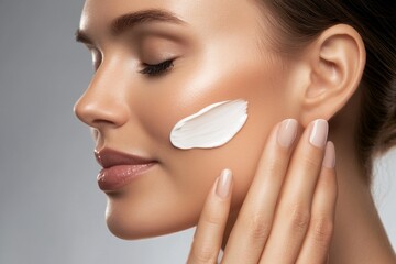 Woman is applying makeup to her face