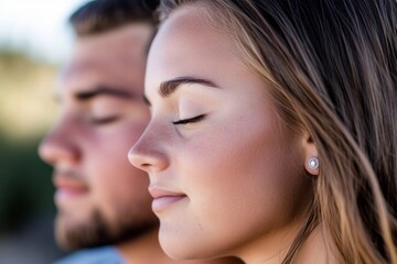 Obraz premium Man and a woman are sitting next to each other, both looking at the camera