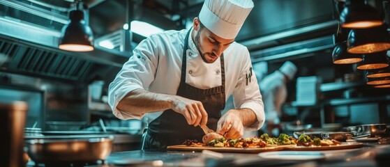 A chef skillfully prepares a gourmet dish in a professional kitchen, emphasizing culinary expertise and dedication to fine dining