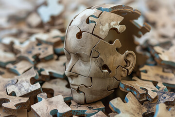 Surreal Sculpture of a Human Head Made of Puzzle Pieces, Representing Trauma, Stressor-Related Disorders, Fragmented Identity, Memory Loss, Psychological Healing, and the Struggle of Mental Recovery