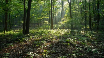 Obraz premium Sunbeams piercing through a dense forest, illuminating a carpet of moss and fallen leaves, creating a serene natural setting
