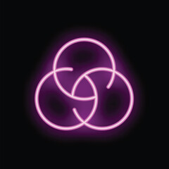 Neon pink borromean rings symbol is glowing on a black background